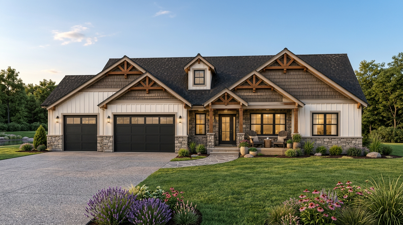 Lakewood Ranch front elevation — Prairie Ranch with 3-car garage and stone accents
